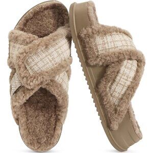 Women's Light Brown Fuzzy Furry Faux Fur Cross Band Arch Open Slippers Shoes